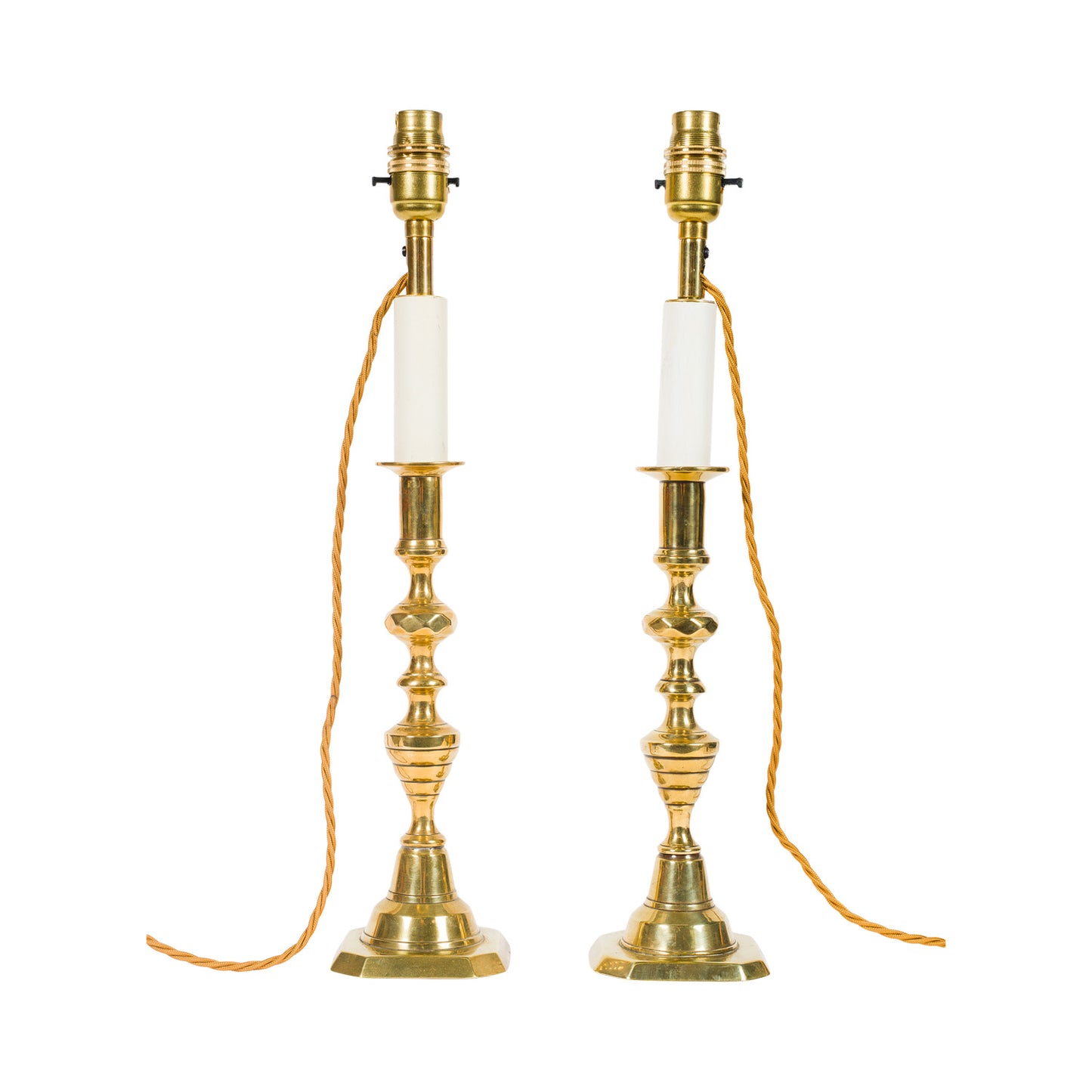 Pair Antique Tall Brass Candlestick Lamps