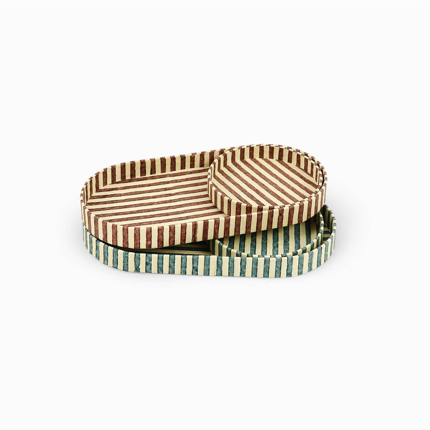 Block Printed Round Desk Tray Set -Classic Stripe Ochre/Brown