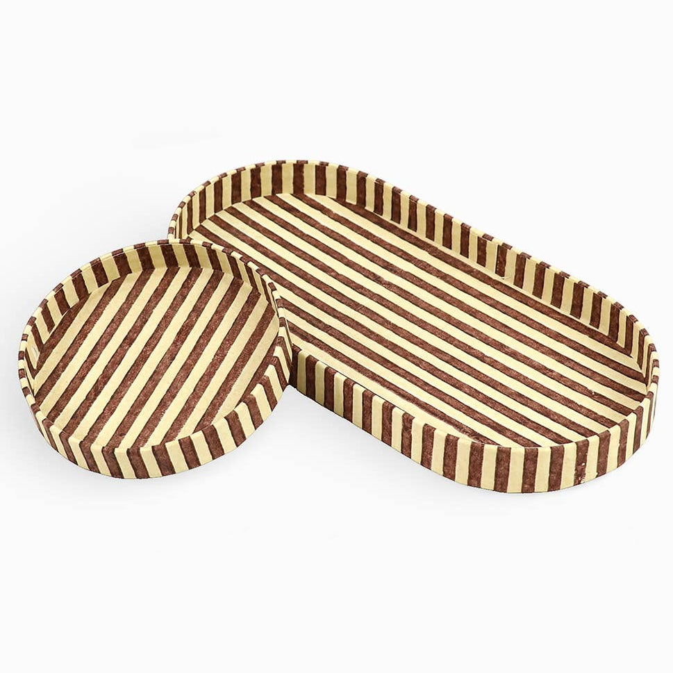 Block Printed Round Desk Tray Set -Classic Stripe Ochre/Brown