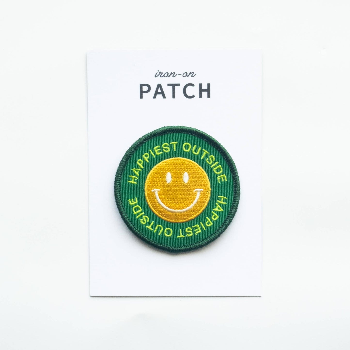 Embroidered 'Happiest Outside' Iron-on Patch - Smiley Face