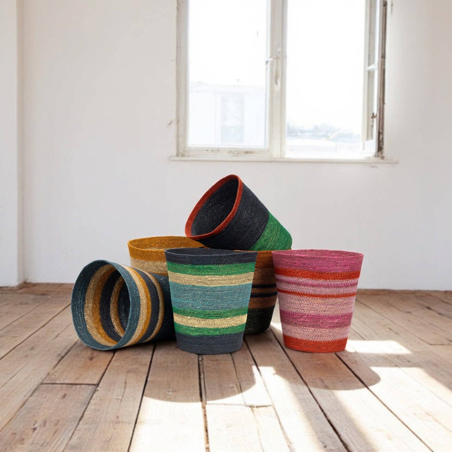 Seagrass Waste Paper Basket -  Olive & Old Rose