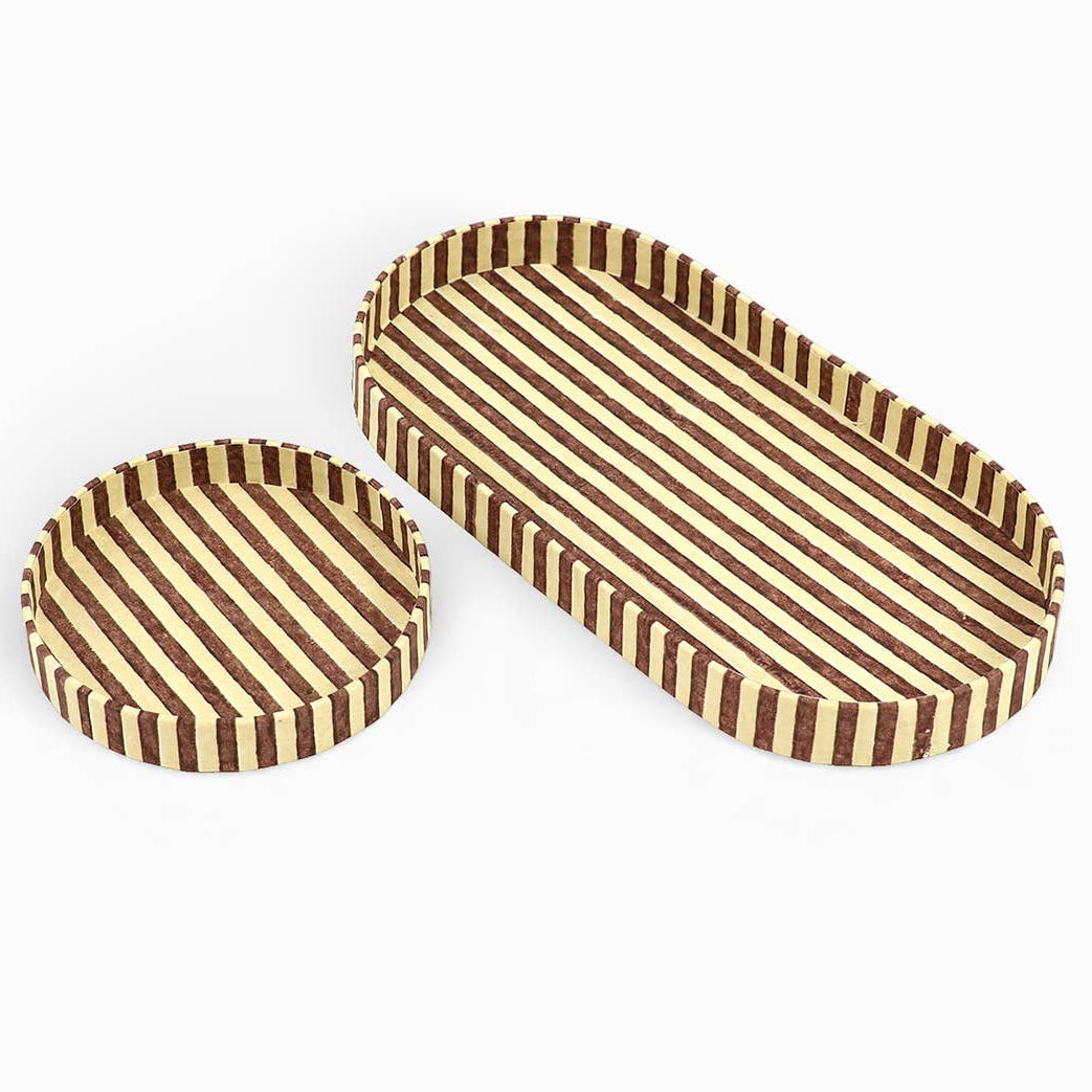 Block Printed Round Desk Tray Set -Classic Stripe Ochre/Brown